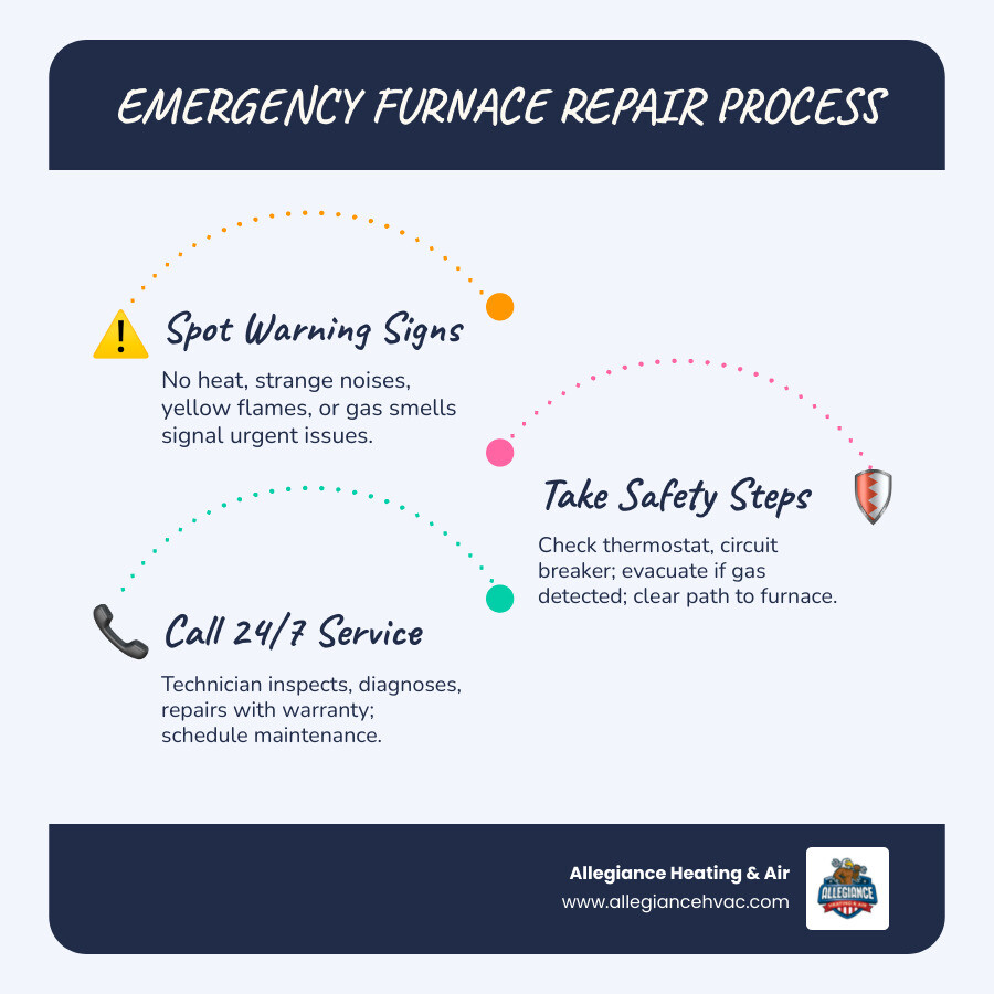 Infographic showing emergency furnace repair process: recognize warning signs like no heat or strange noises, take immediate safety steps including gas leak protocol, call 24/7 emergency service, prepare home by clearing path to furnace, technician performs safety inspection and diagnostics, repairs completed with parts warranty, and schedule annual maintenance to prevent future emergencies - 24 hour furnace repair in borden, in infographic infographic-line-3-steps-blues-accent_colors