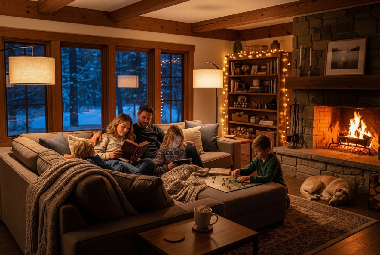 cozy living room in winter with family relaxing on couch - furnace repair in borden, in