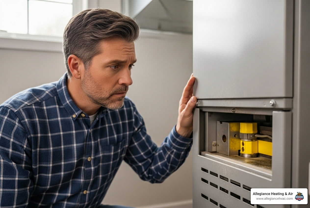 infographic showing five key warning signs your furnace needs immediate repair: sudden spike in utility bills, uneven heating and cold spots throughout home, strange banging or rattling noises, poor indoor air quality with increased dust, and yellow pilot light flame indicating carbon monoxide risk - furnace repair in borden, in