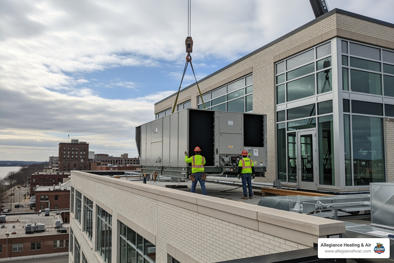 Infographic showing the commercial heat pump installation process: 1) Building assessment and load calculation, 2) System design and equipment selection, 3) Preparation and removal of old equipment, 4) Professional installation and integration, 5) Testing and commissioning, 6) Ongoing maintenance plan - commercial heat pump installation in new albany, in Infographic showing the commercial heat pump installation process: 1) Building assessment and load calculation, 2) System design and equipment selection, 3) Preparation and removal of old equipment, 4) Professional installation and integration, 5) Testing and commissioning, 6) Ongoing maintenance plan - commercial heat pump installation in new albany, in