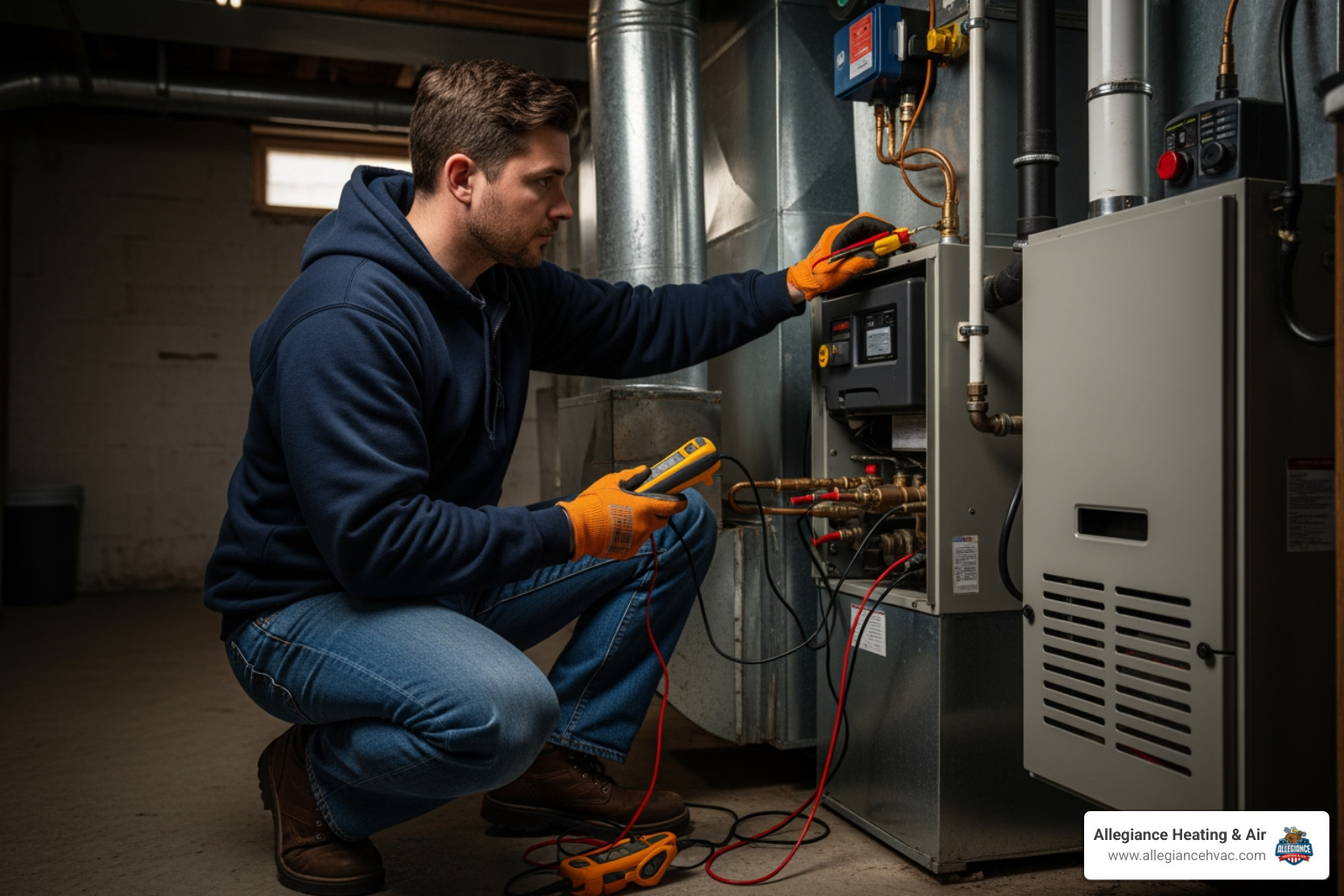 infographic showing emergency furnace maintenance process: call received, technician dispatched within 30-90 minutes, safety inspection performed, diagnostic testing completed, repairs made with 90% first-visit success rate, system tested and verified - 24 hour furnace maintenance in bradford, in