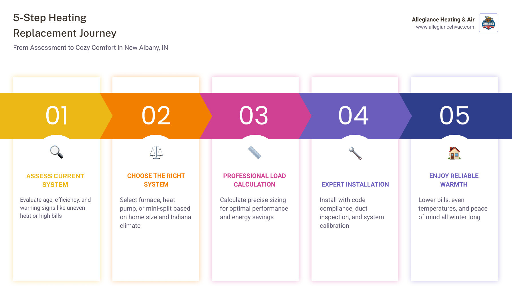 Infographic showing the 5-step heating replacement journey for New Albany IN homeowners - heating replacement in new albany