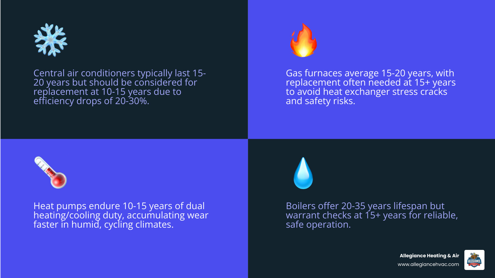 Infographic showing the typical life cycle of home heating and cooling systems by type - how old is too old for an hvac Infographic showing the typical life cycle of home heating and cooling systems by type - how old is too old for an hvac