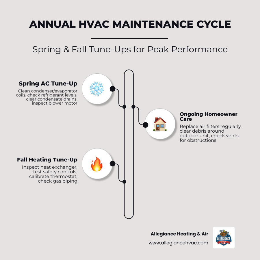Annual HVAC maintenance cycle infographic showing spring AC tune-up and fall heating tune-up tasks and benefits - what does Annual HVAC maintenance cycle infographic showing spring AC tune-up and fall heating tune-up tasks and benefits - what does