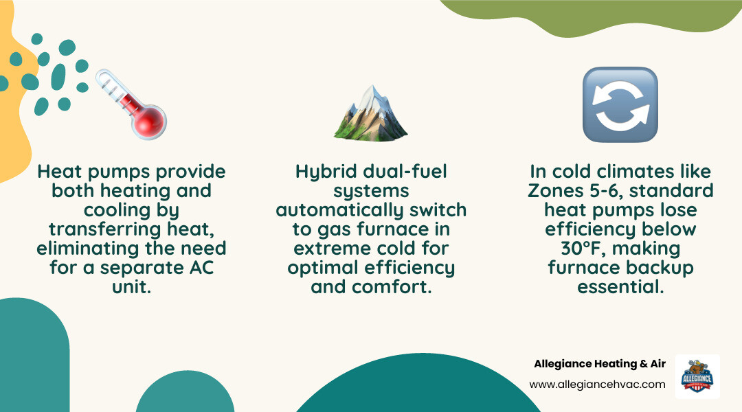 Infographic showing heat pump vs AC and furnace comparison for different climates and home setups - do you need both ac and Infographic showing heat pump vs AC and furnace comparison for different climates and home setups - do you need both ac and