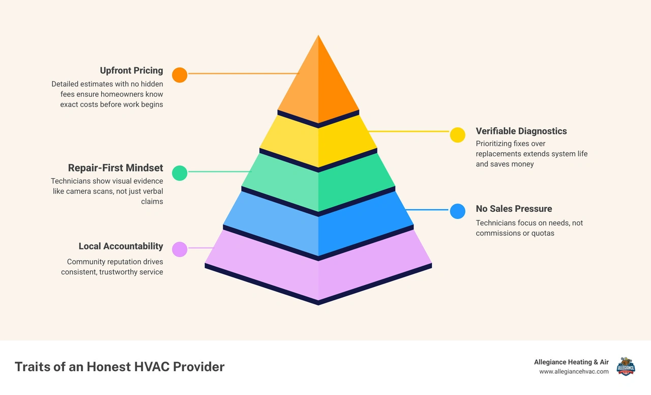 Infographic showing 6 traits of an honest community-focused HVAC provider including upfront pricing and repair-first Infographic showing 6 traits of an honest community-focused HVAC provider including upfront pricing and repair-first