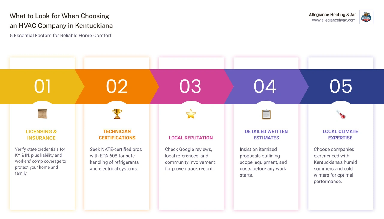 Infographic showing 8 key factors for choosing an HVAC company in Kentuckiana including licensing, certifications, reviews Infographic showing 8 key factors for choosing an HVAC company in Kentuckiana including licensing, certifications, reviews