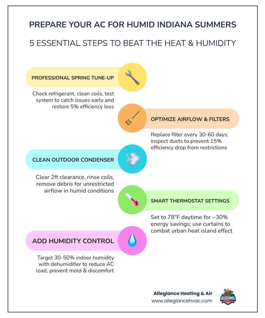 Infographic showing 5 steps to prepare your AC for Indiana's humid summer and how humidity affects AC cooling cycles Infographic showing 5 steps to prepare your AC for Indiana's humid summer and how humidity affects AC cooling cycles