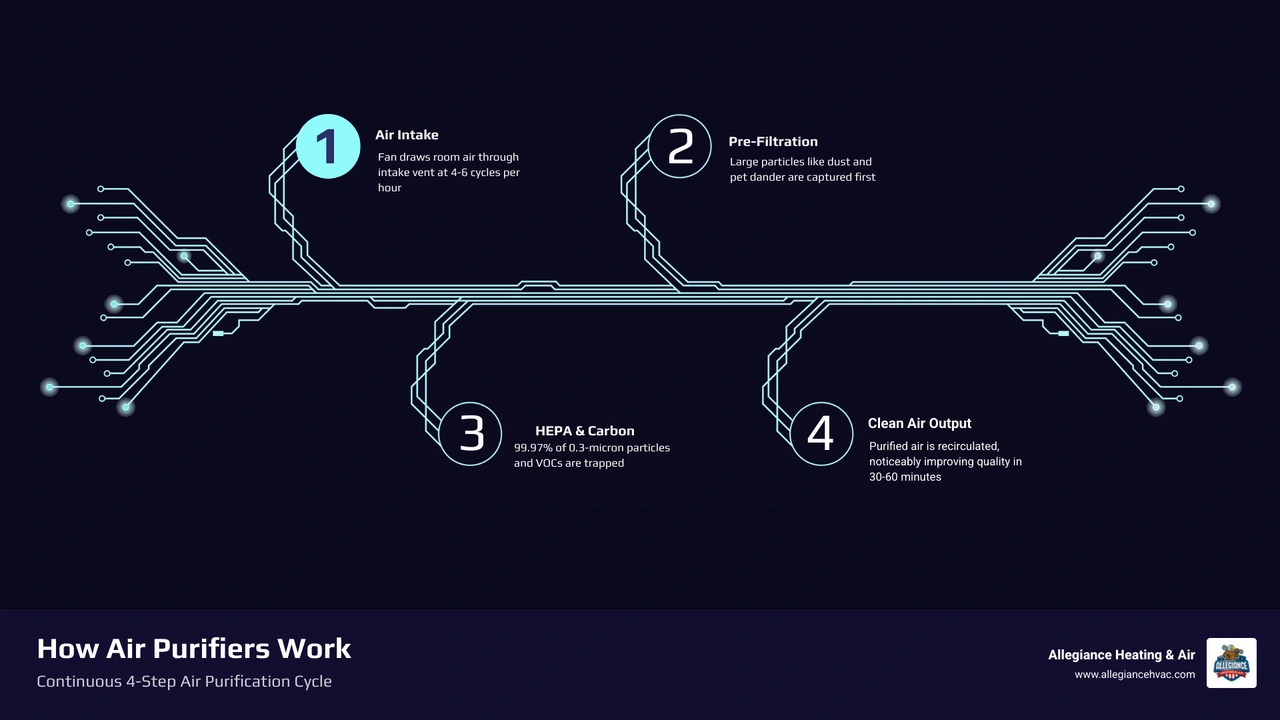 Infographic showing the continuous air purification cycle: intake, pre-filter, HEPA, carbon filter, clean air output Infographic showing the continuous air purification cycle: intake, pre-filter, HEPA, carbon filter, clean air output