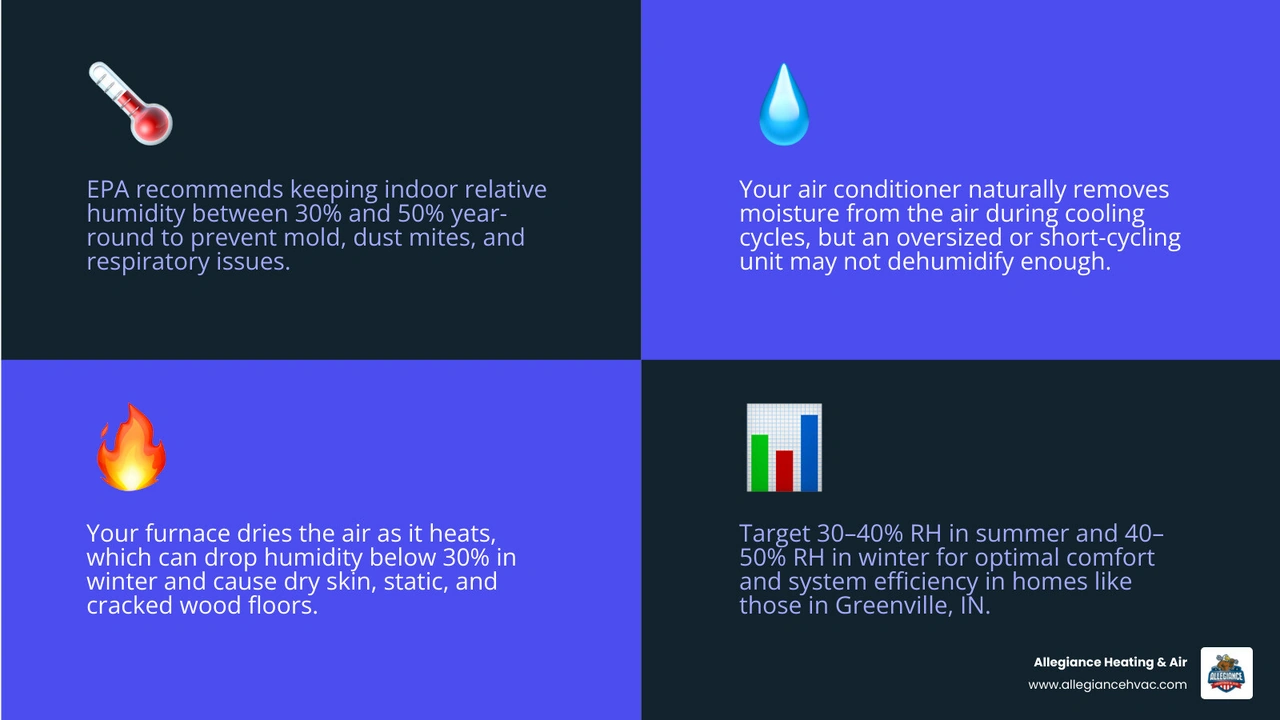Infographic showing ideal indoor humidity ranges by season and HVAC tips for humidity control infographic Infographic showing ideal indoor humidity ranges by season and HVAC tips for humidity control infographic