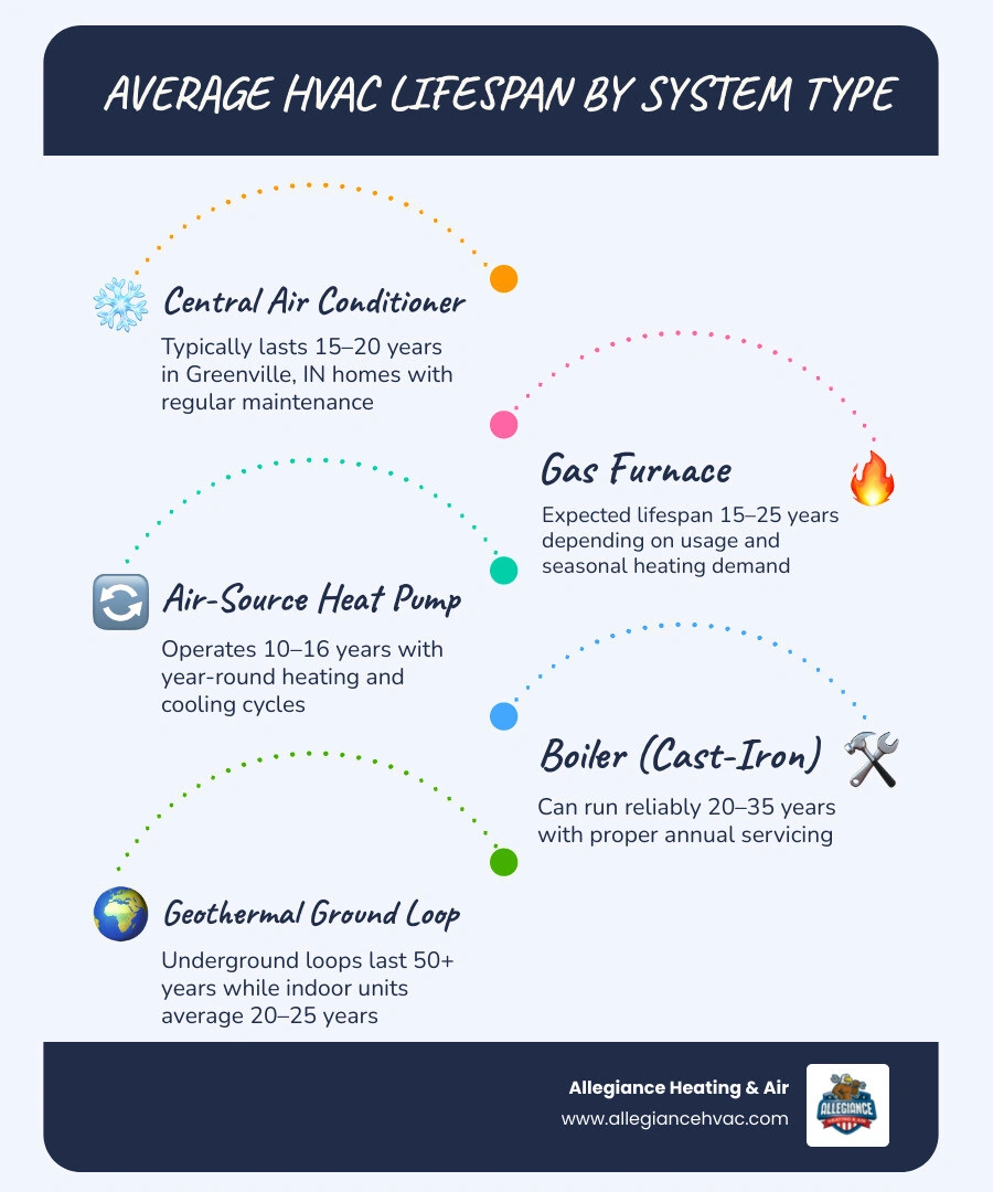 Infographic showing average HVAC system lifespans by equipment type including AC, furnace, heat pump, and boiler infographic