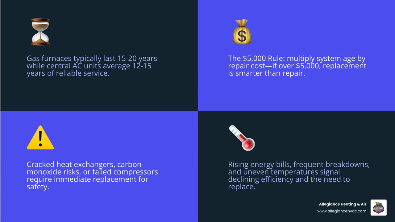 Infographic showing HVAC replacement indicators including system age thresholds, the $5,000 rule, warning signs, and safety Infographic showing HVAC replacement indicators including system age thresholds, the $5,000 rule, warning signs, and safety