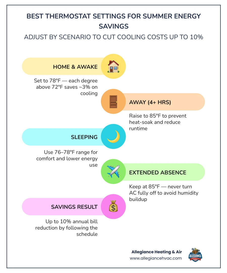 Infographic showing summer thermostat settings by scenario with percentage energy savings per degree infographic Infographic showing summer thermostat settings by scenario with percentage energy savings per degree infographic