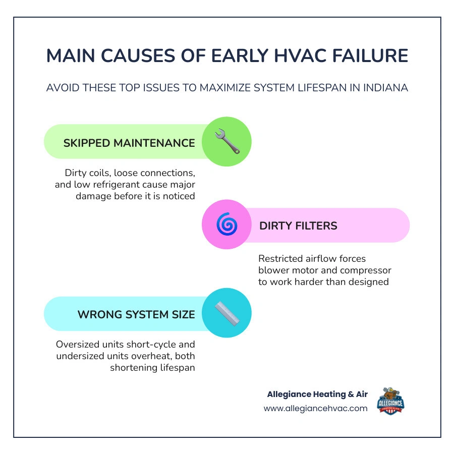 Infographic showing average HVAC system lifespans: central AC 12-17 years, heat pumps 10-16 years, furnaces 15-20 years Infographic showing average HVAC system lifespans: central AC 12-17 years, heat pumps 10-16 years, furnaces 15-20 years