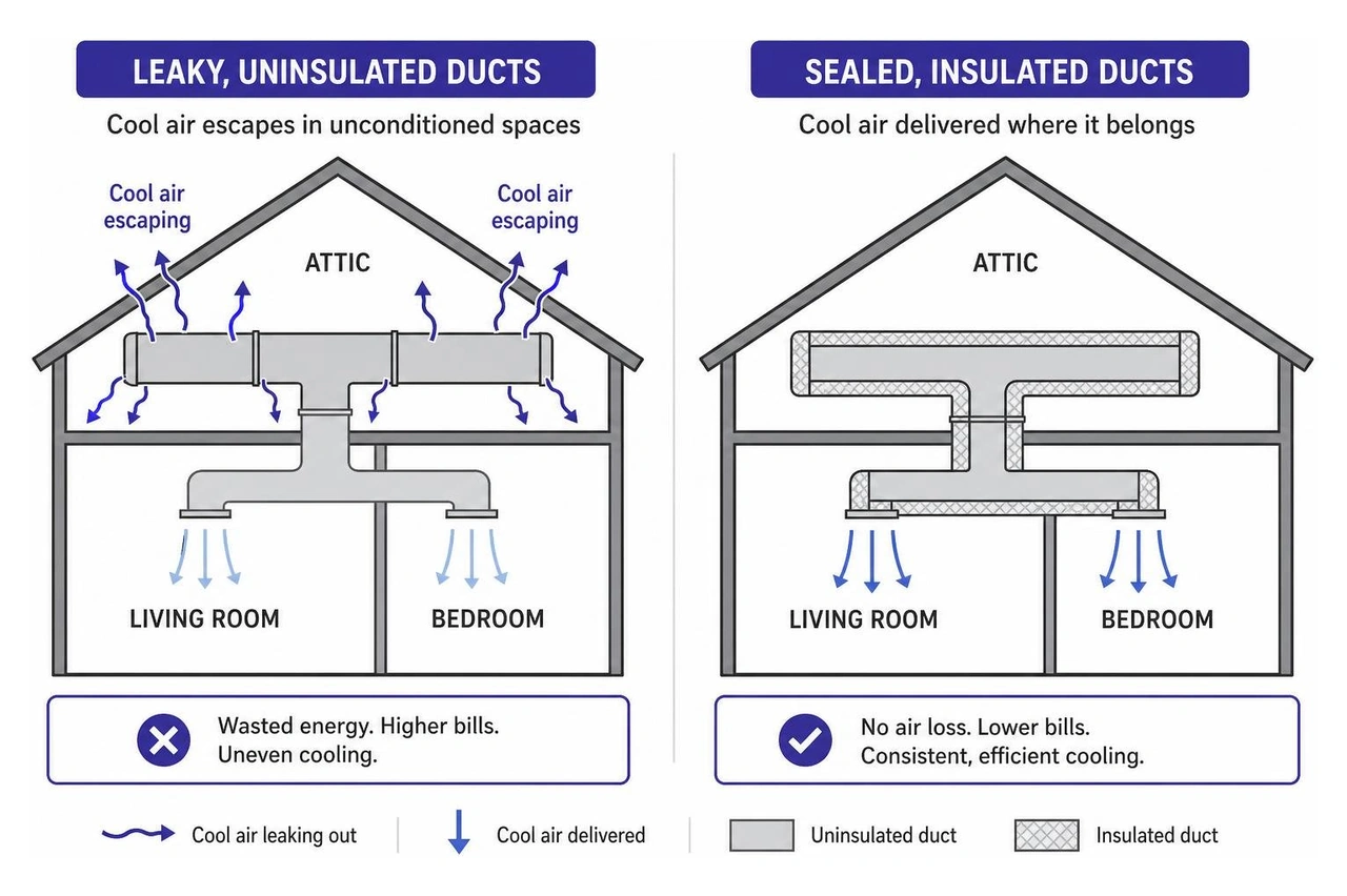 Diagram showing how leaky ducts waste cool air in unconditioned spaces versus a sealed, insulated duct system Diagram showing how leaky ducts waste cool air in unconditioned spaces versus a sealed, insulated duct system