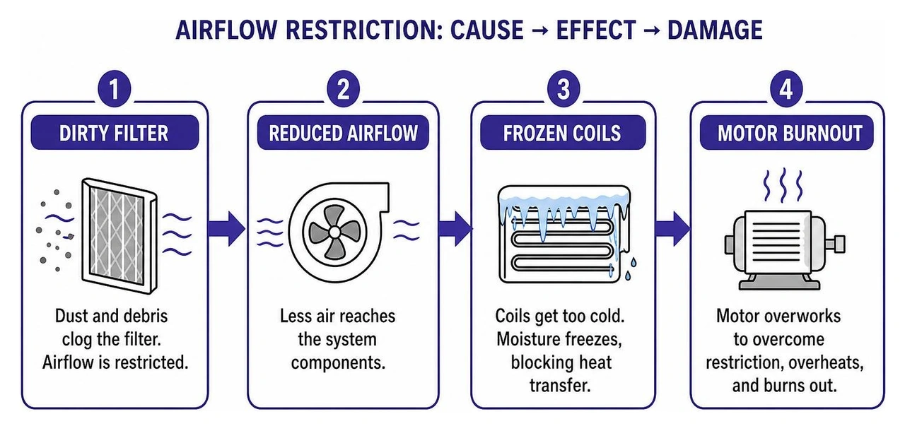 Airflow restriction cause and effect diagram showing how a dirty filter leads to frozen coils and motor burnout Airflow restriction cause and effect diagram showing how a dirty filter leads to frozen coils and motor burnout