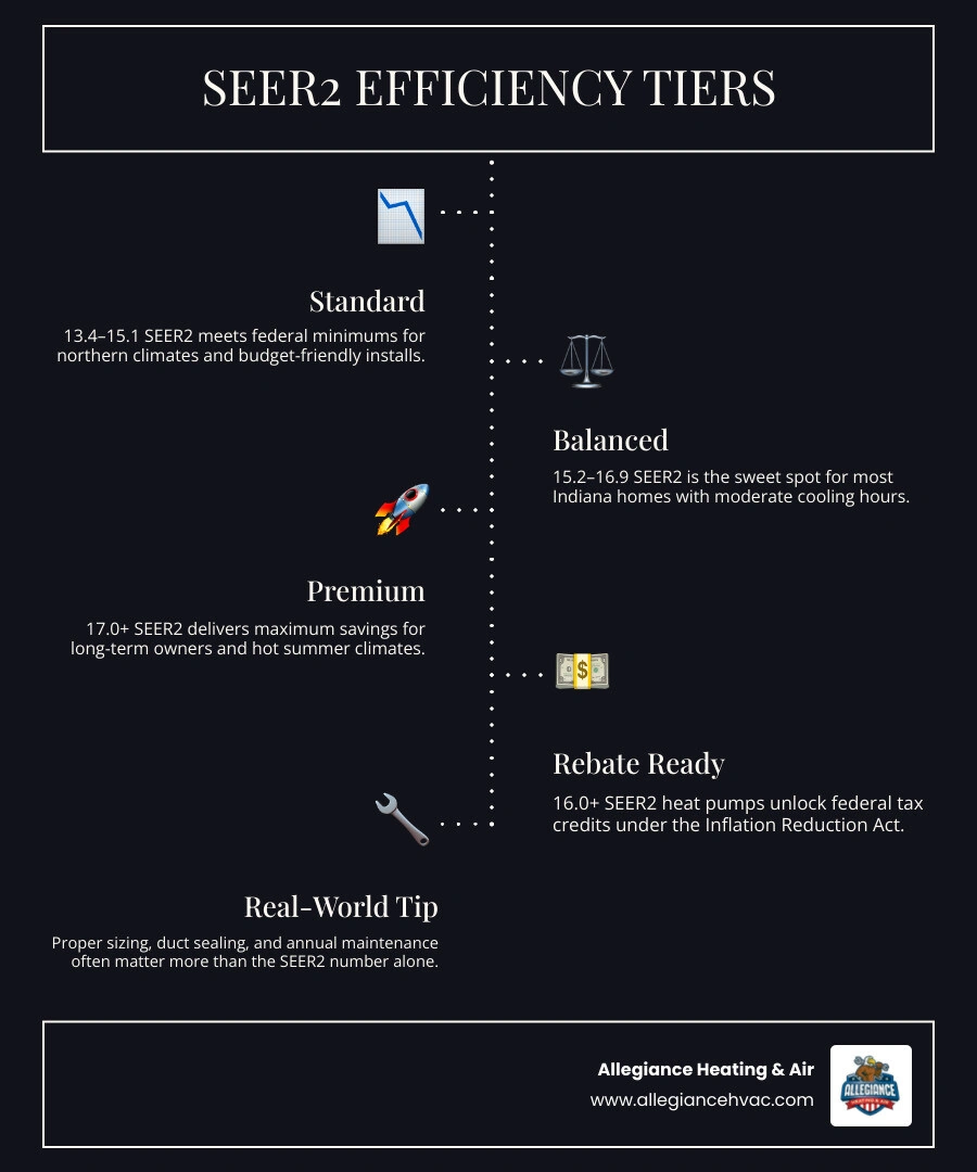 SEER2 rating tiers explained with efficiency percentages and recommended use cases infographic SEER2 rating tiers explained with efficiency percentages and recommended use cases infographic