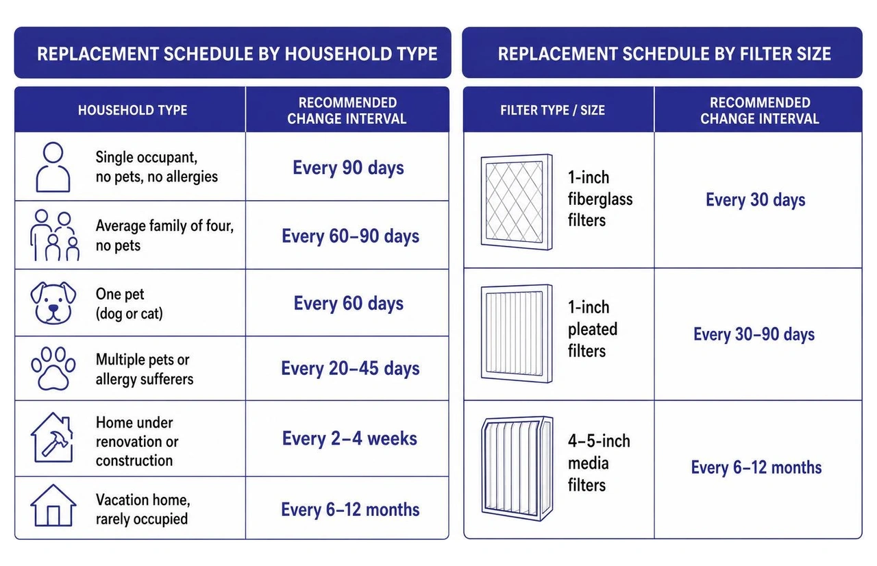 Infographic showing HVAC air filter replacement schedule by household type and filter size