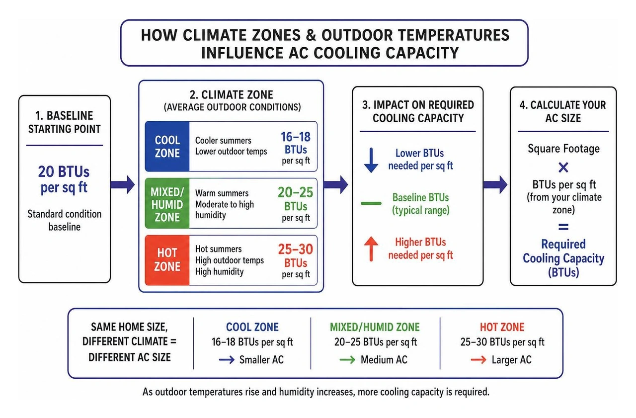 diagram showing how climate zones and outdoor temperatures influence the required cooling capacity of an AC unit