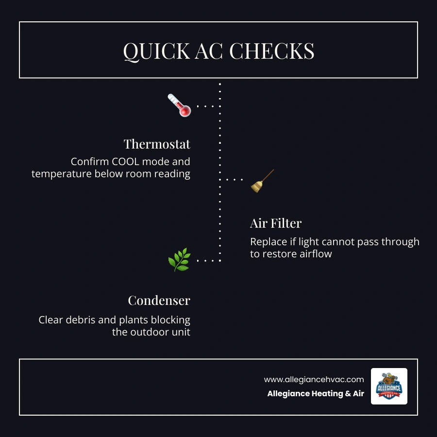 Infographic: 5 quick checks when AC is not cooling properly, from thermostat to condenser infographic