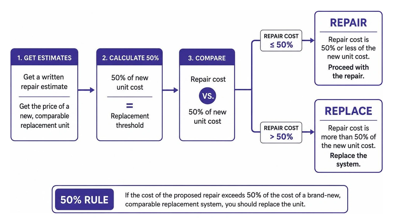 Process diagram showing decision path for HVAC repair vs replacement based on the 50% rule