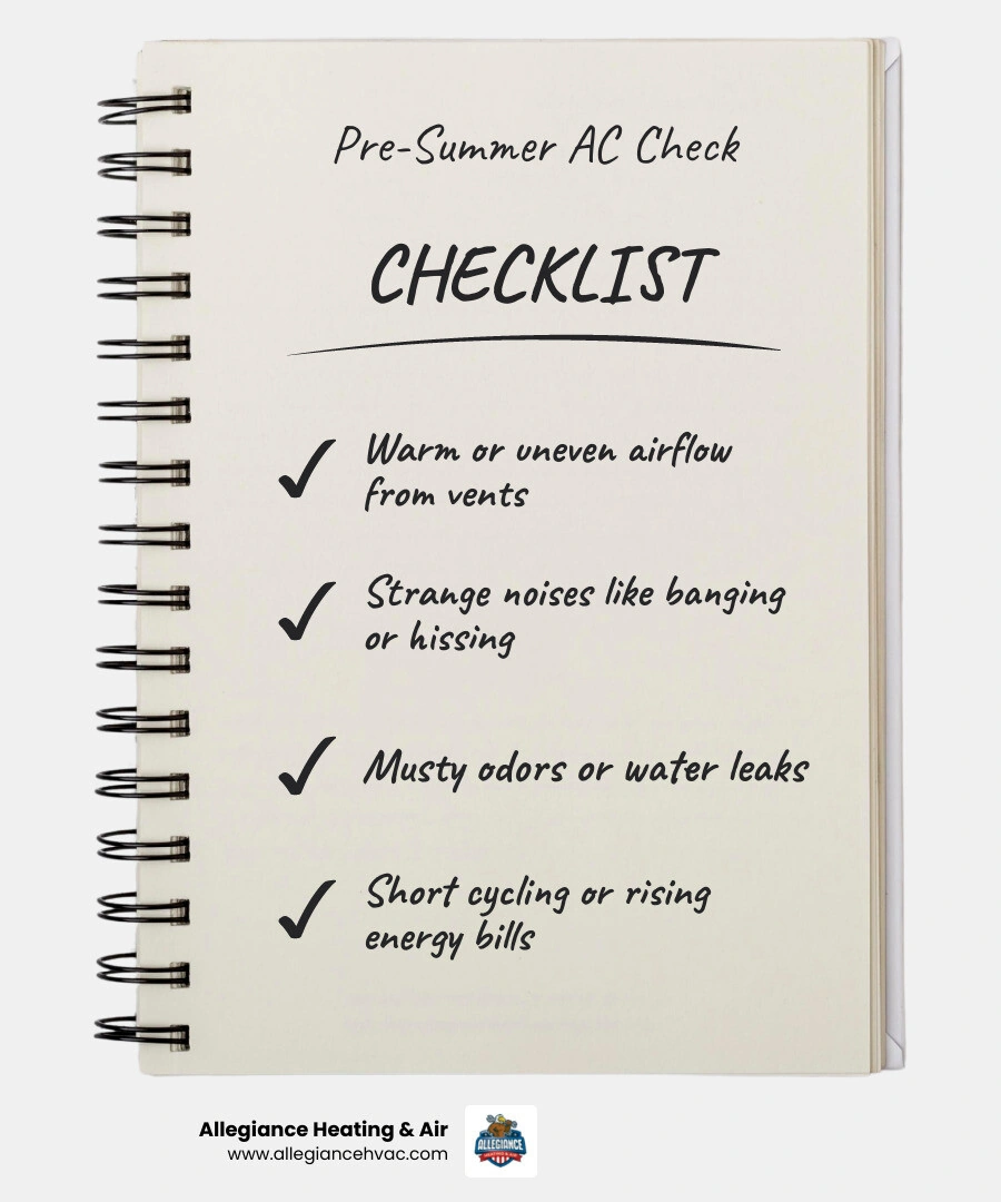 Pre-summer AC inspection checklist infographic with 8 warning signs and homeowner action steps infographic