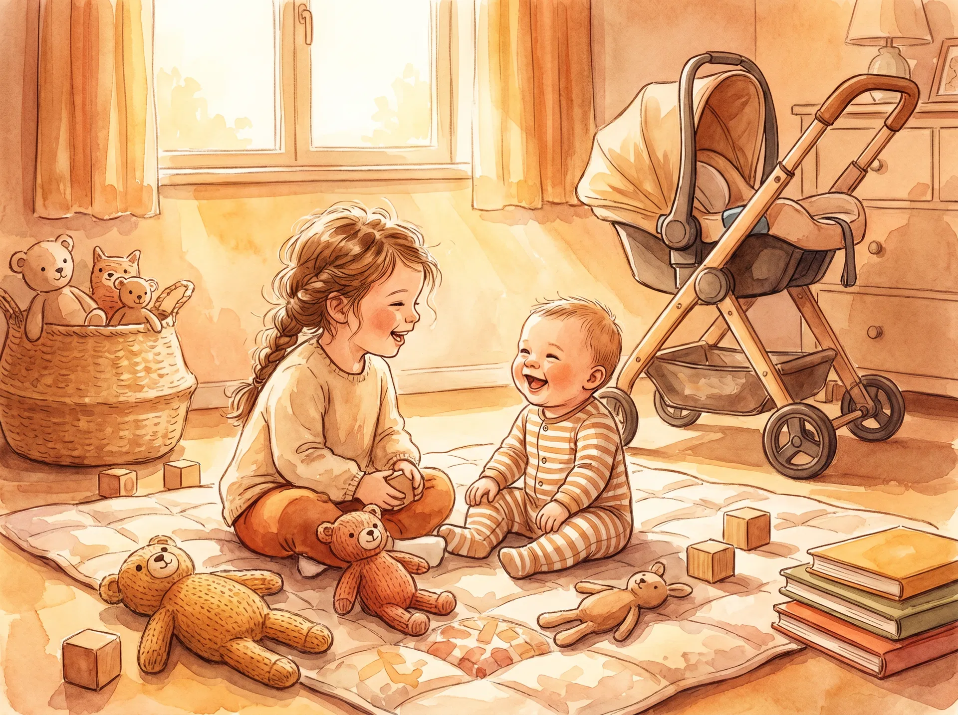 Illustration of siblings playing on a rug beside a stroller