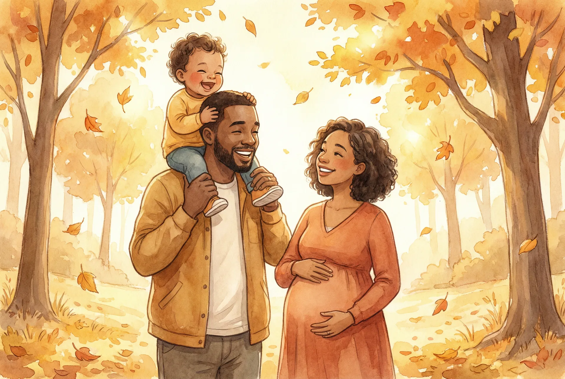 Warm illustration of parents and child together in an autumn setting