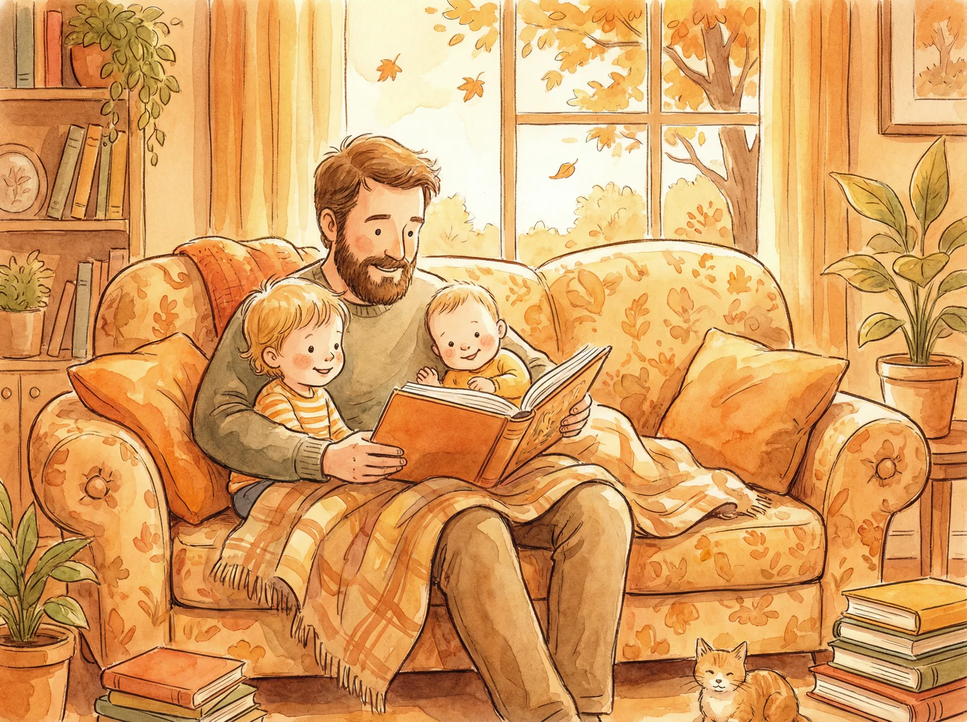 Illustration of a family reading together at home