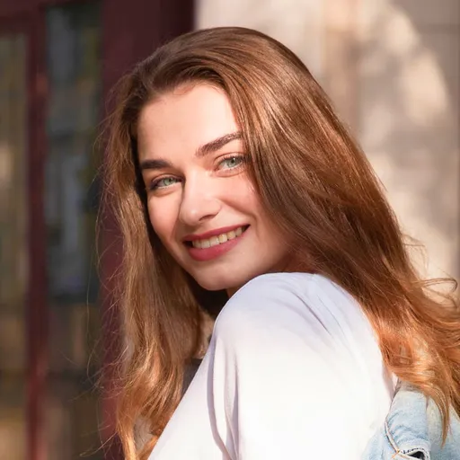 Smiling young woman with long light brown hair wearing a white shirt and denim jacket over shoulder, outdoors in soft sunlight.