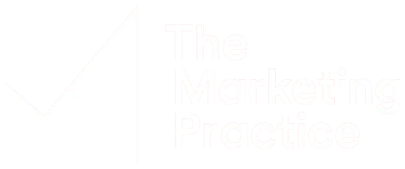 Logo featuring a white angular geometric shape next to the text 'The Marketing Practice' in white on a black background.