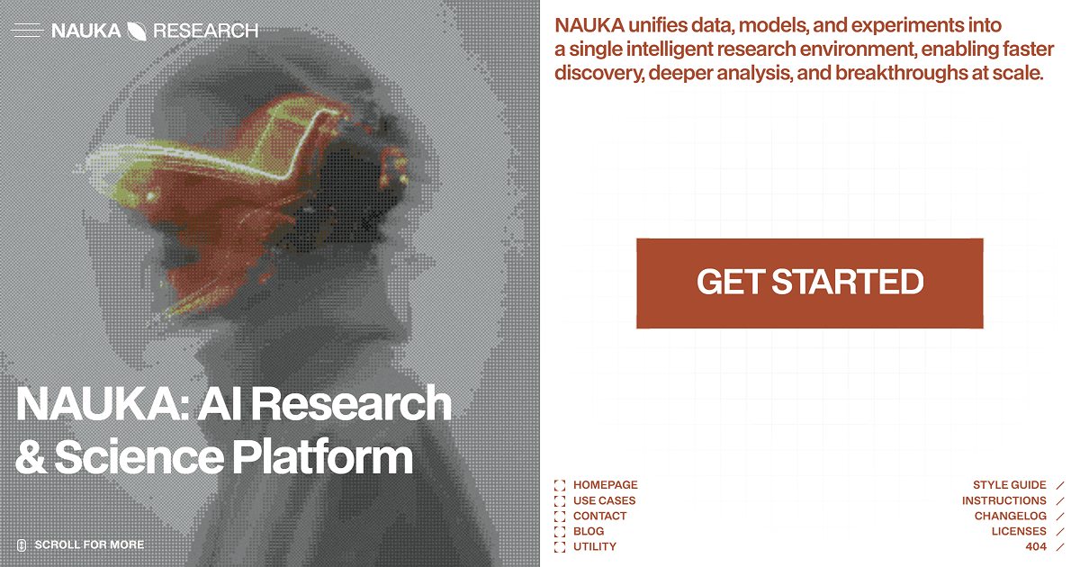 Website homepage split screen with digital brain image on left and text describing NAUKA AI Research & Science Platform on right with 'Get Started' button.