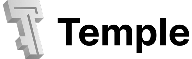 3D stylized letter T in gray with the word 'Temple' in black beside it.