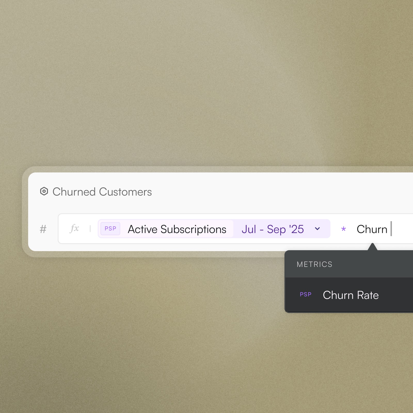 Interface showing a selection for 'Active Subscriptions' in the period Jul - Sep '25, with a dropdown suggesting the metric 'Churn Rate' under 'Churned Customers'.