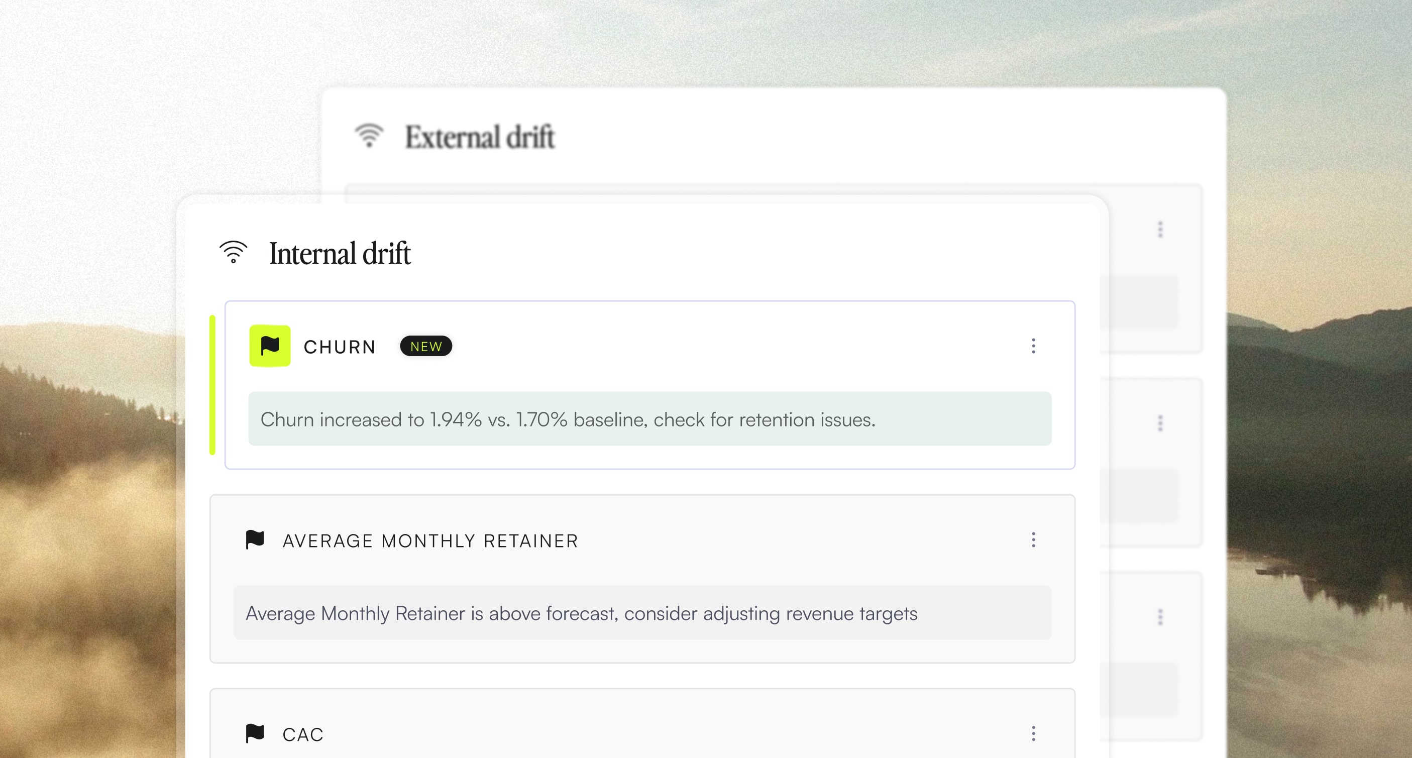 Dashboard showing internal drift metrics with sections for churn, average monthly retainer, and CAC, highlighting churn increased to 1.94% from 1.70%.