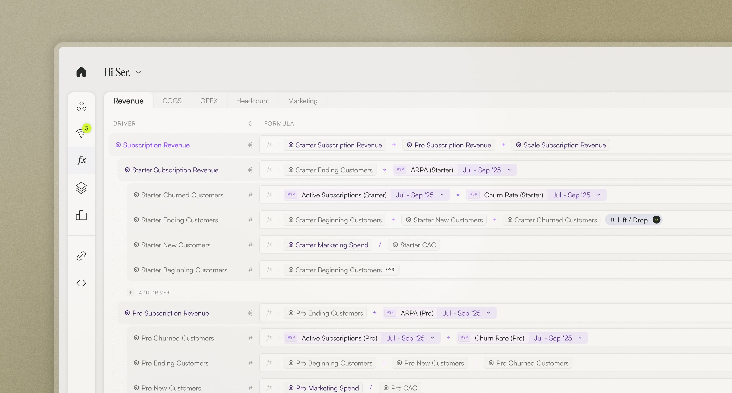 Peaky interface of a financial plan showing revenue formulas for subscription plans including Starter and Pro, with customer and marketing metrics.