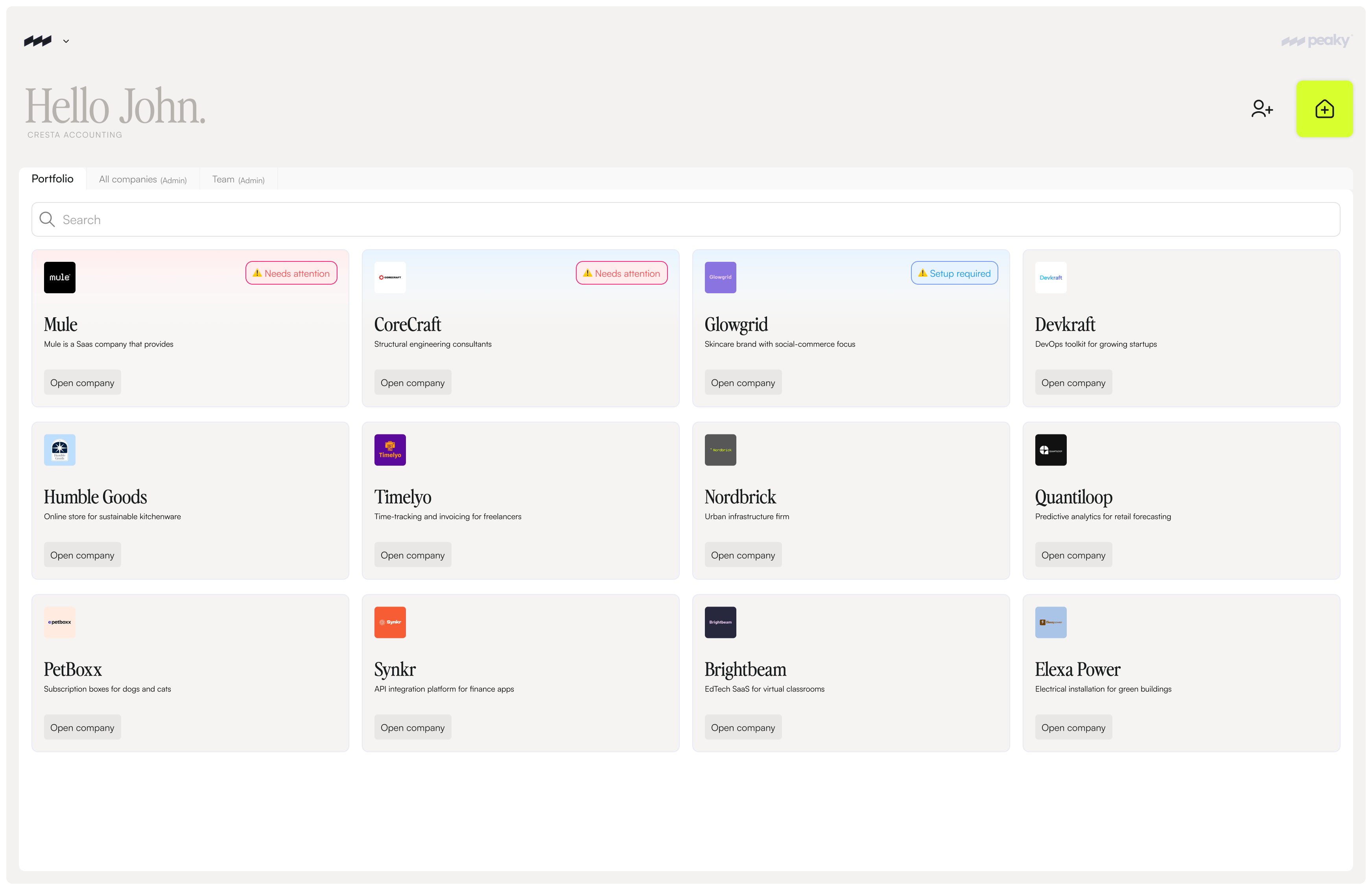 Dashboard interface showing a portfolio of 12 companies with details and status alerts for some companies, greeting the user John.
