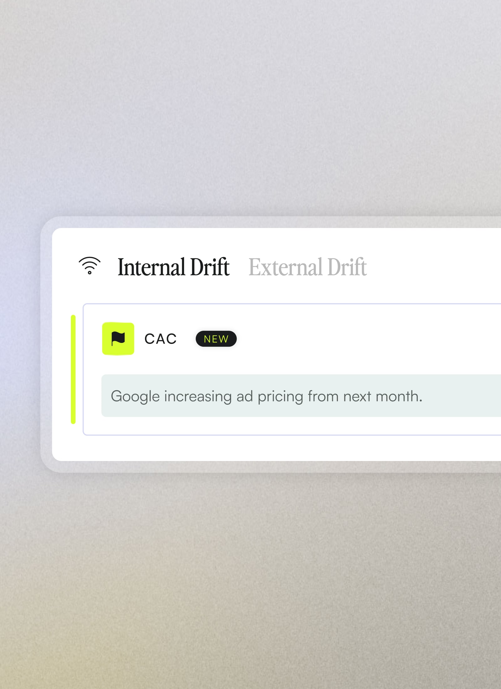 Modal showing Internal Drift with a new CAC alert about Google increasing ad pricing from next month.
