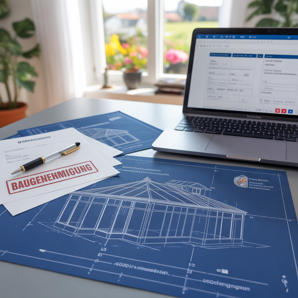 Auf einem Schreibtisch liegen Baupläne für einen Wintergarten mit Maßen und Zeichnungen, daneben ein Formular mit rotem 'Baugenehmigung'-Stempel, ein Kugelschreiber und ein Gesetzbuch. Ein Laptop zeigt eine Verwaltungswebseite, im Hintergrund ist durch ein Fenster ein Garten sichtbar. Die Szene wirkt professionell und realistisch.