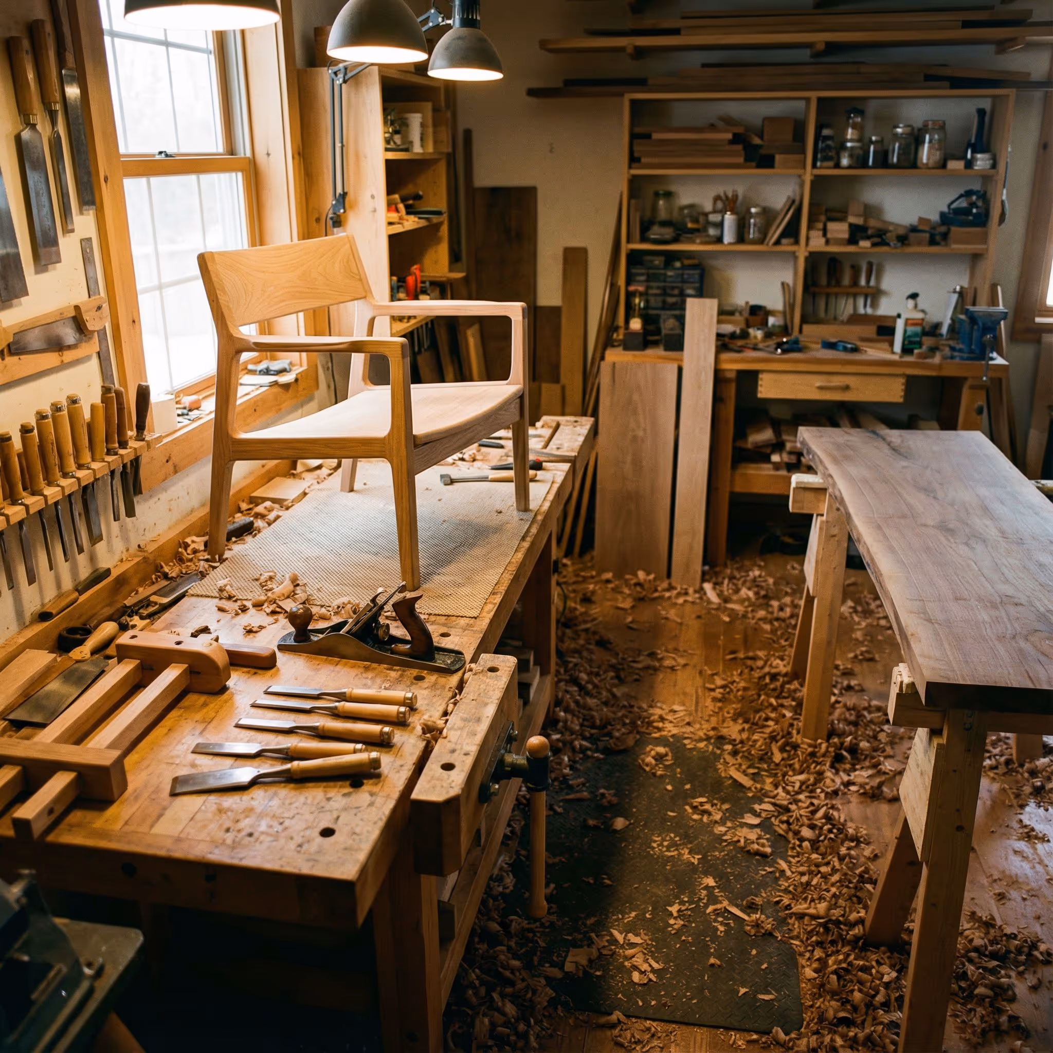 Eine Tischlerwerkstatt mit einem massiven Arbeitstisch, darauf Werkzeuge wie Stechbeitel, Hobel und Zwingen. Ein fast fertiges Möbelstück steht im Fokus, umgeben von Holzspänen. Im Hintergrund sind Regale mit sauber sortiertem Material zu sehen. Das Licht betont die Holzstruktur und die handwerkliche Atmosphäre.
