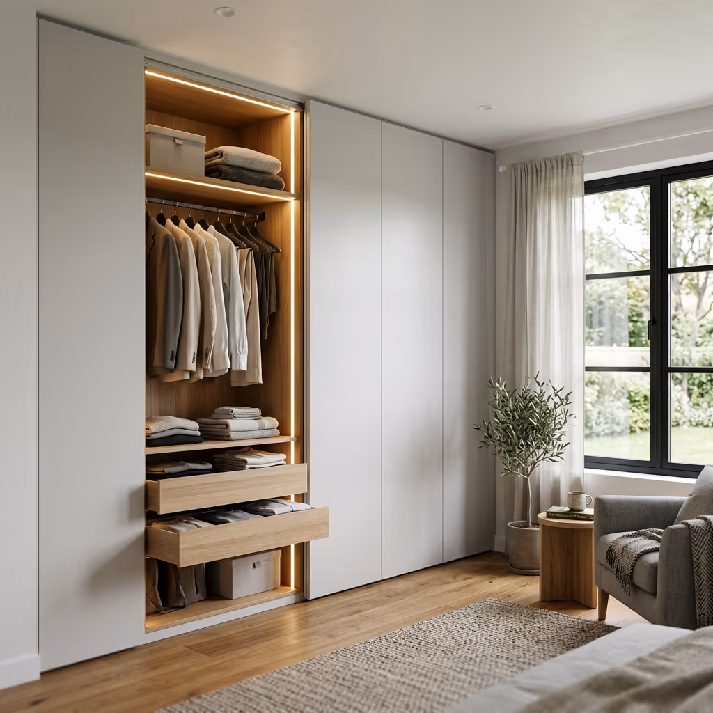 Ein moderner Einbauschrank ist in eine Schlafzimmerwand integriert und reicht vom Boden bis zur Decke. Die glatten Türen wirken minimalistisch, und ein Teil des Schranks ist geöffnet, sodass ordentlich organisierte Kleidung, Regale und Schubladen mit sanfter Innenbeleuchtung sichtbar sind. Natürliches Tageslicht beleuchtet den Raum.