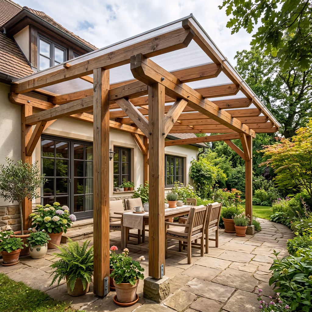 Ein Terrassendach aus stabilen Holzbalken ist an einem Haus angebaut und überdacht eine Terrasse im Garten. Die Holzkonstruktion zeigt eine natürliche Maserung, und lichtdurchlässige Dachplatten lassen Tageslicht hindurch. Unter dem Dach befindet sich eine gemütliche Sitzgruppe mit Tisch, Stühlen und Pflanzen.
