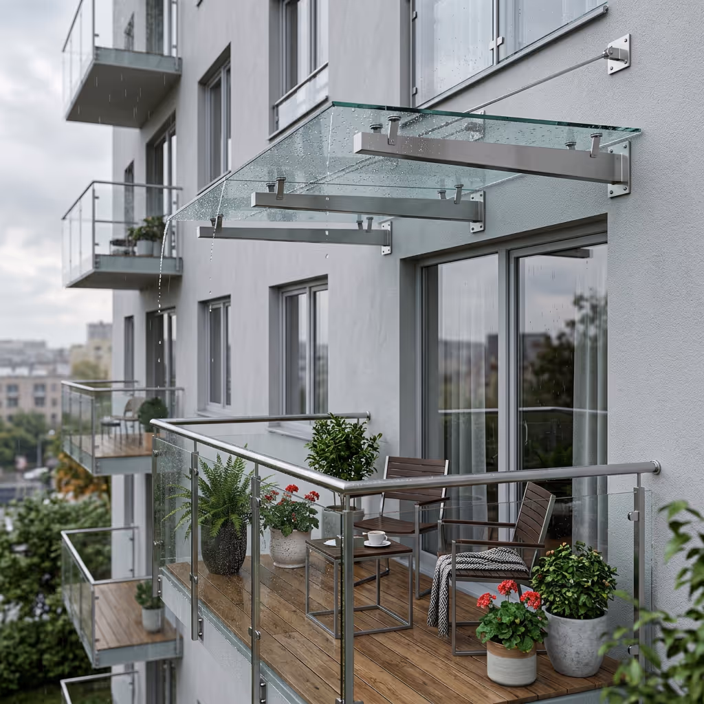 Fotorealistisches Bild eines modernen Balkons mit transparenter Regenüberdachung aus Glas oder Polycarbonat. Die Überdachung ist mit Edelstahlhalterungen an der Fassade eines hellen Wohnhauses befestigt. Auf dem Balkon stehen ein kleiner Tisch, zwei Stühle und mehrere grüne Topfpflanzen auf einem Holz- oder WPC-Boden. Auf dem transparenten Dach sind Regentropfen zu sehen, und Wasser tropft an der Kante herunter. Das Licht ist weich und bewölkt, wodurch eine realistische, regnerische Atmosphäre entsteht.