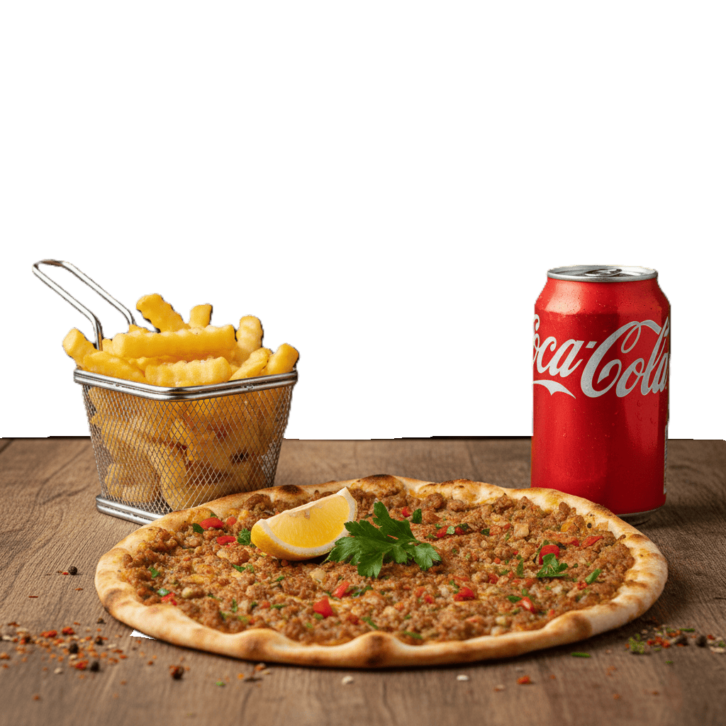 Lahmacun con guarnición y bebida.