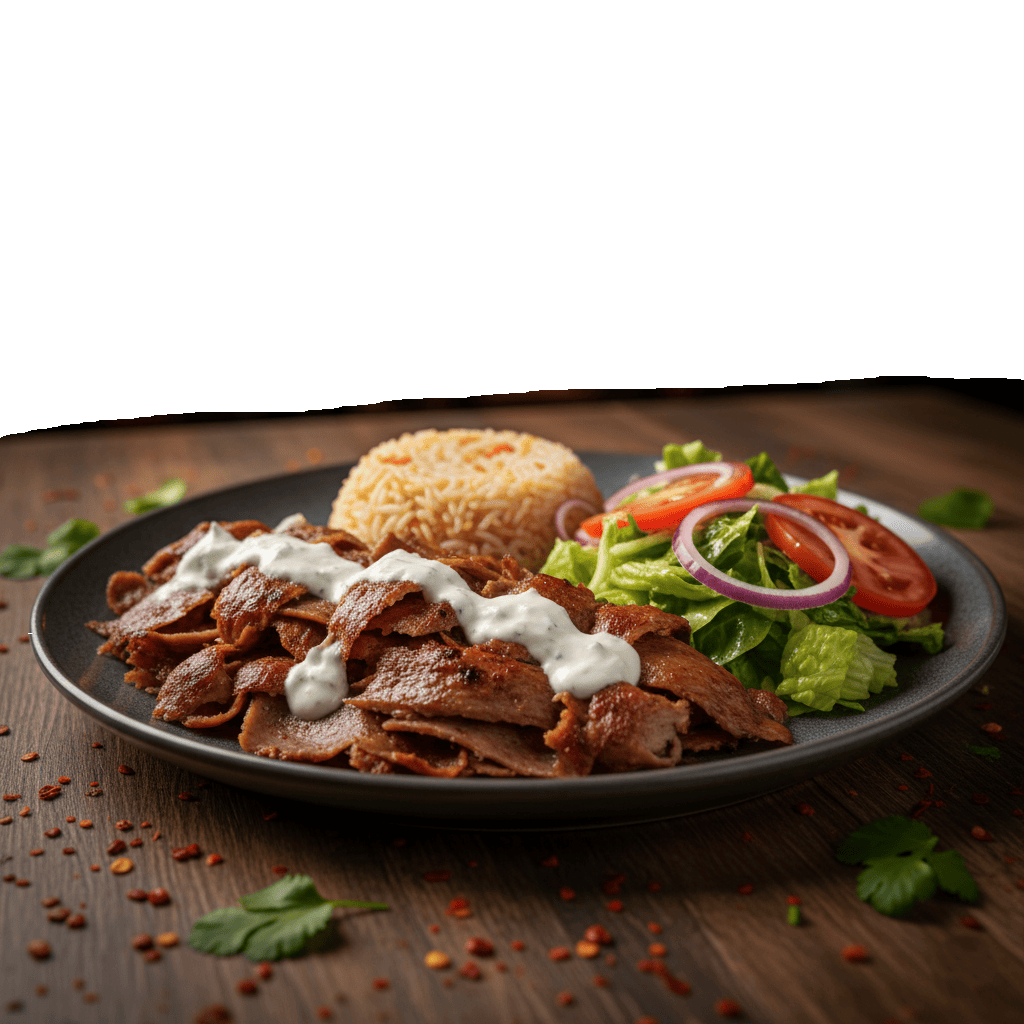 Carne con arroz, ensalada y pan.