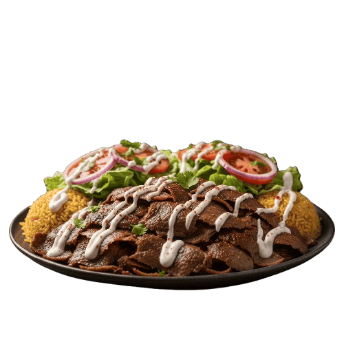 Carne XXL con arroz, ensalada y pan.