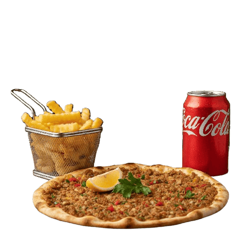 Lahmacun con guarnición y bebida.