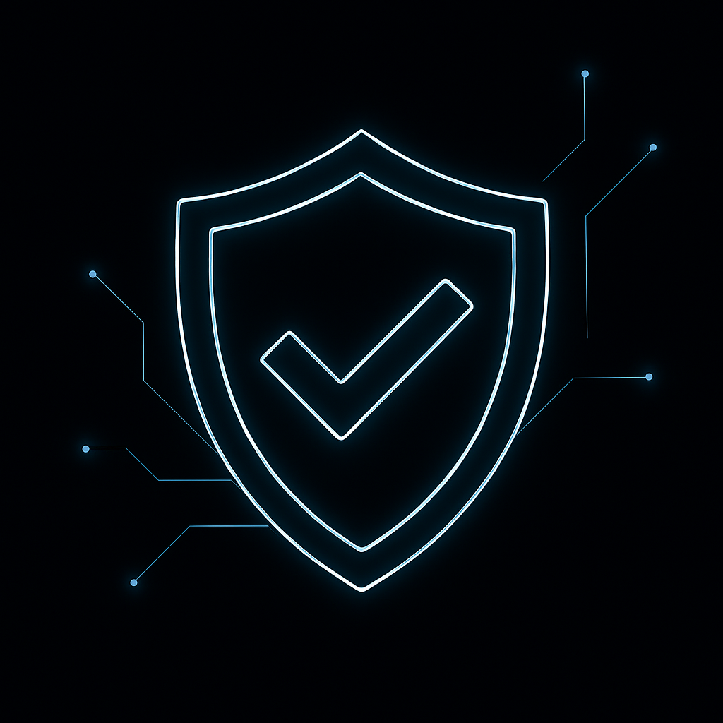 Glowing blue shield icon with a checkmark and connected circuit lines on a dark background, symbolizing cybersecurity or protection.