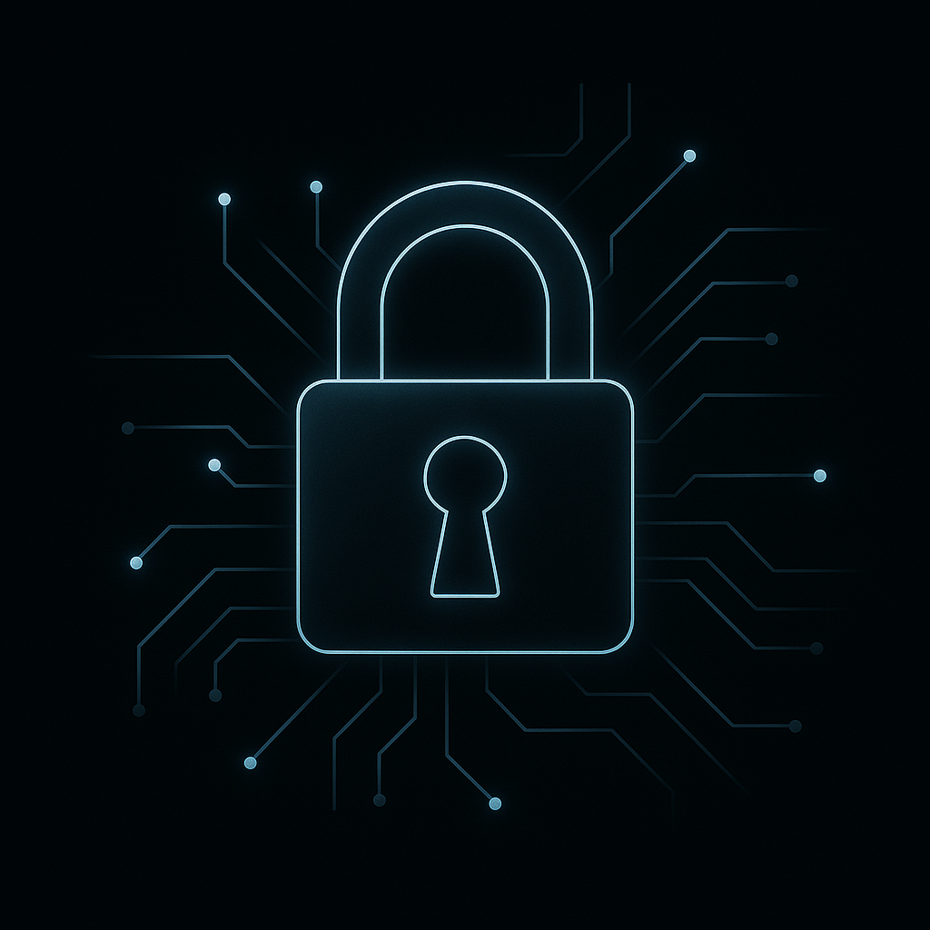 Glowing blue padlock icon with circuit lines on a dark background symbolizing cybersecurity.