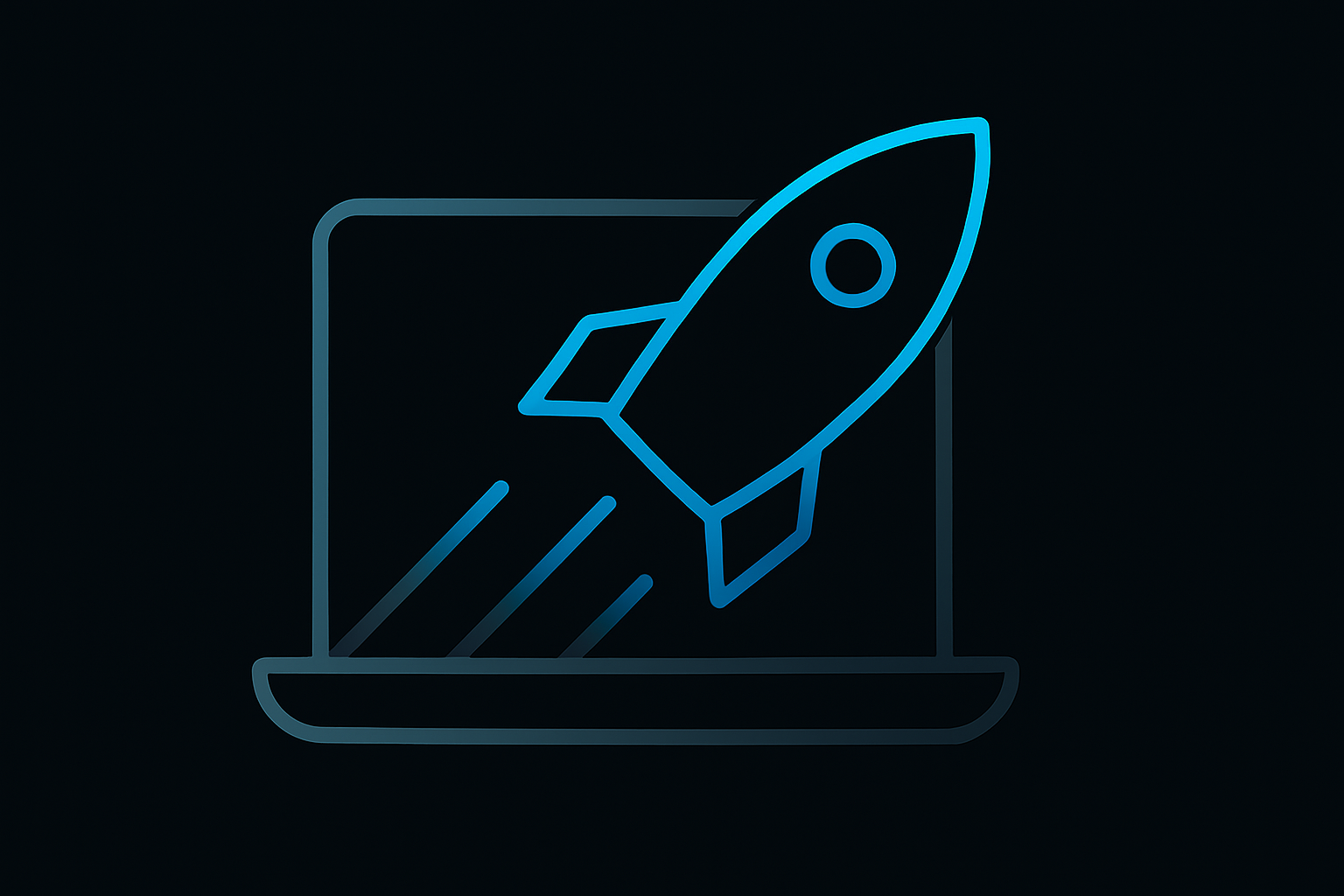 Blue outlined rocket launching from laptop screen on dark background.